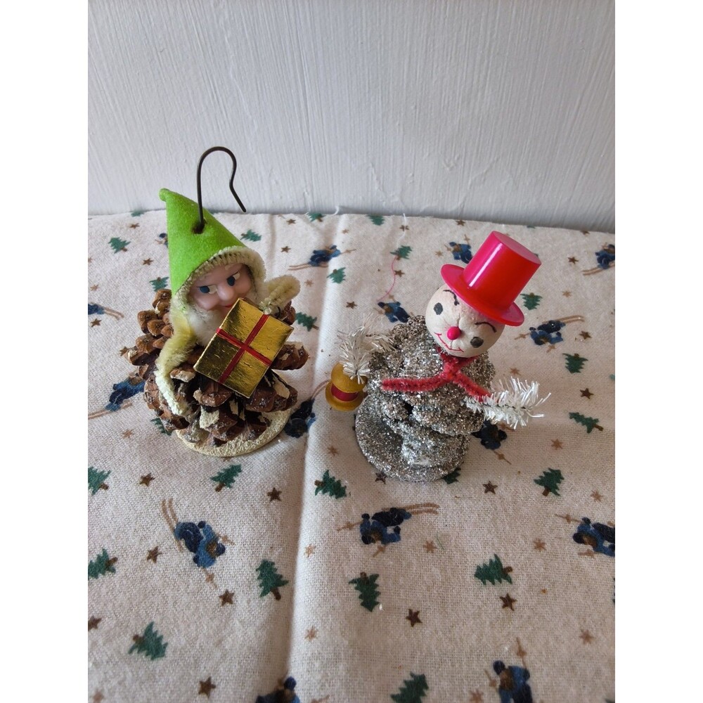 2 VTG ELF Dwarf Pine Cone Face Figurines Xmas Putz Ornaments Chenille Japan Mica